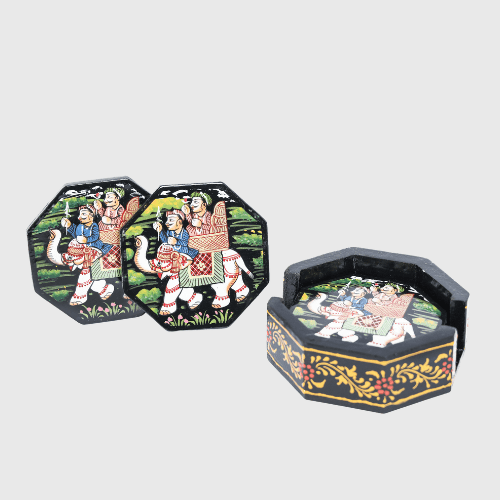 Black Rajasthani Hand Painted Wooden Coaster Set