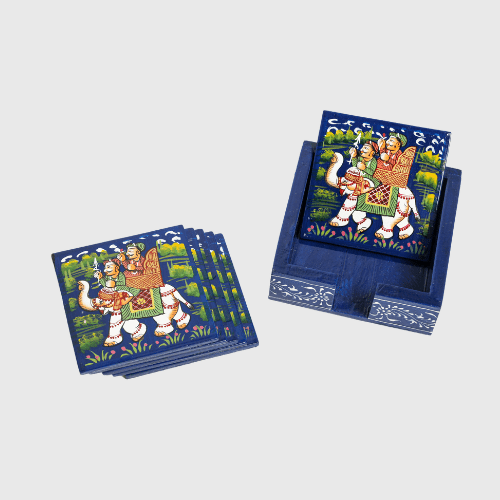 Blue Square Rajasthani Hand Painted Wooden Coaster Set