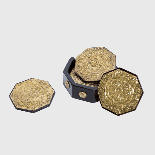 Brass Embossed Wooden Coaster Set